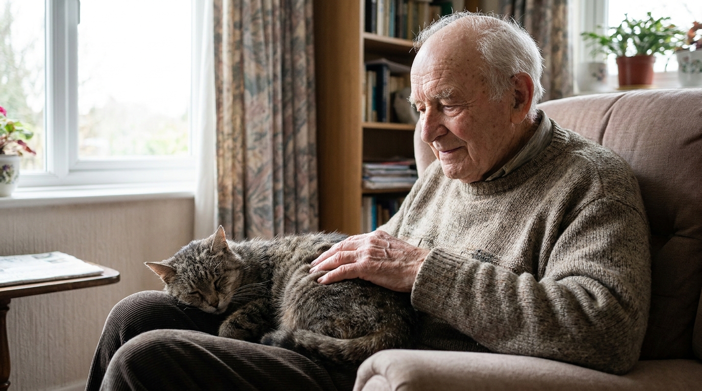 Un homme senior avec des cheveux blancs sourit tendrement à son vieux chat tigré qui est blotti sur ses genoux dans un fauteuil confortable.