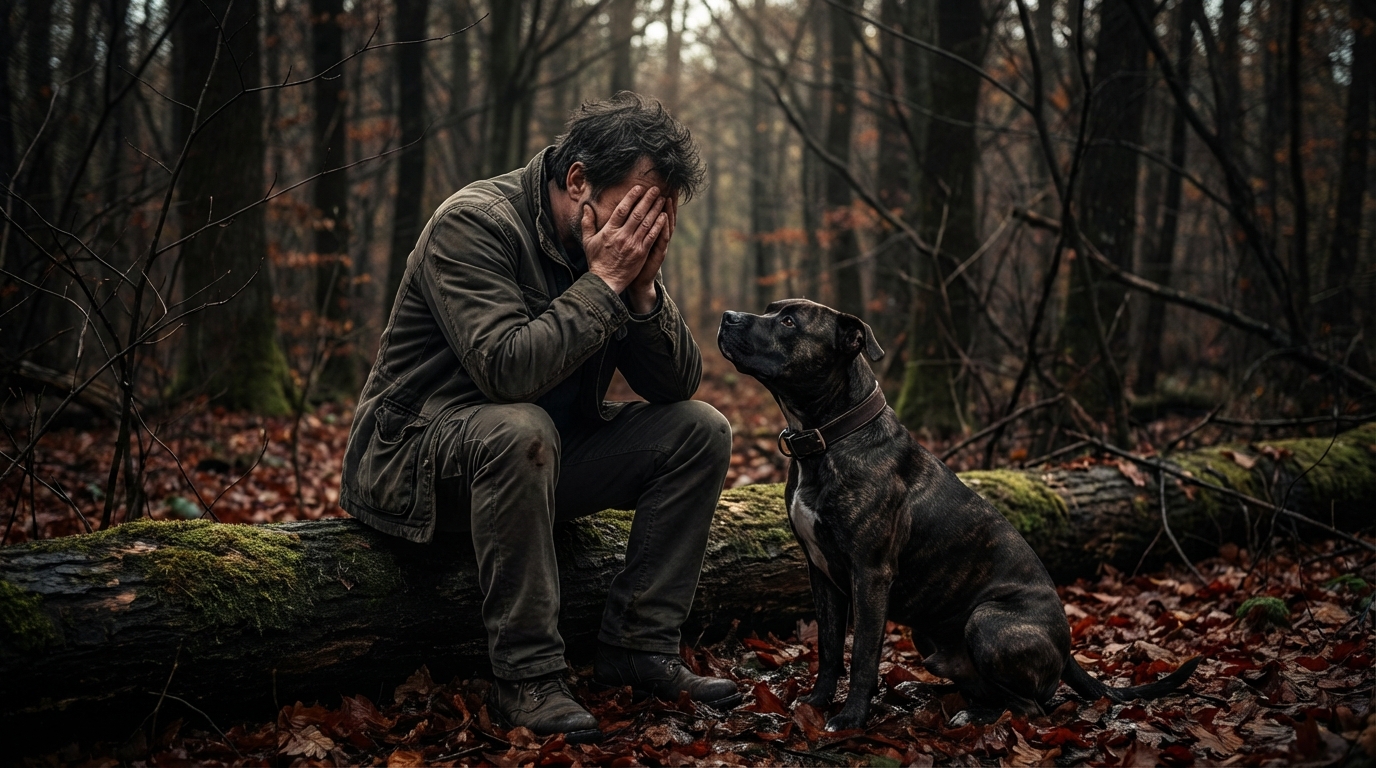 Un homme assis sur un sentier forestier, le visage empreint de tristesse, avec son chien de type American Staffordshire Terrier à ses côtés.
