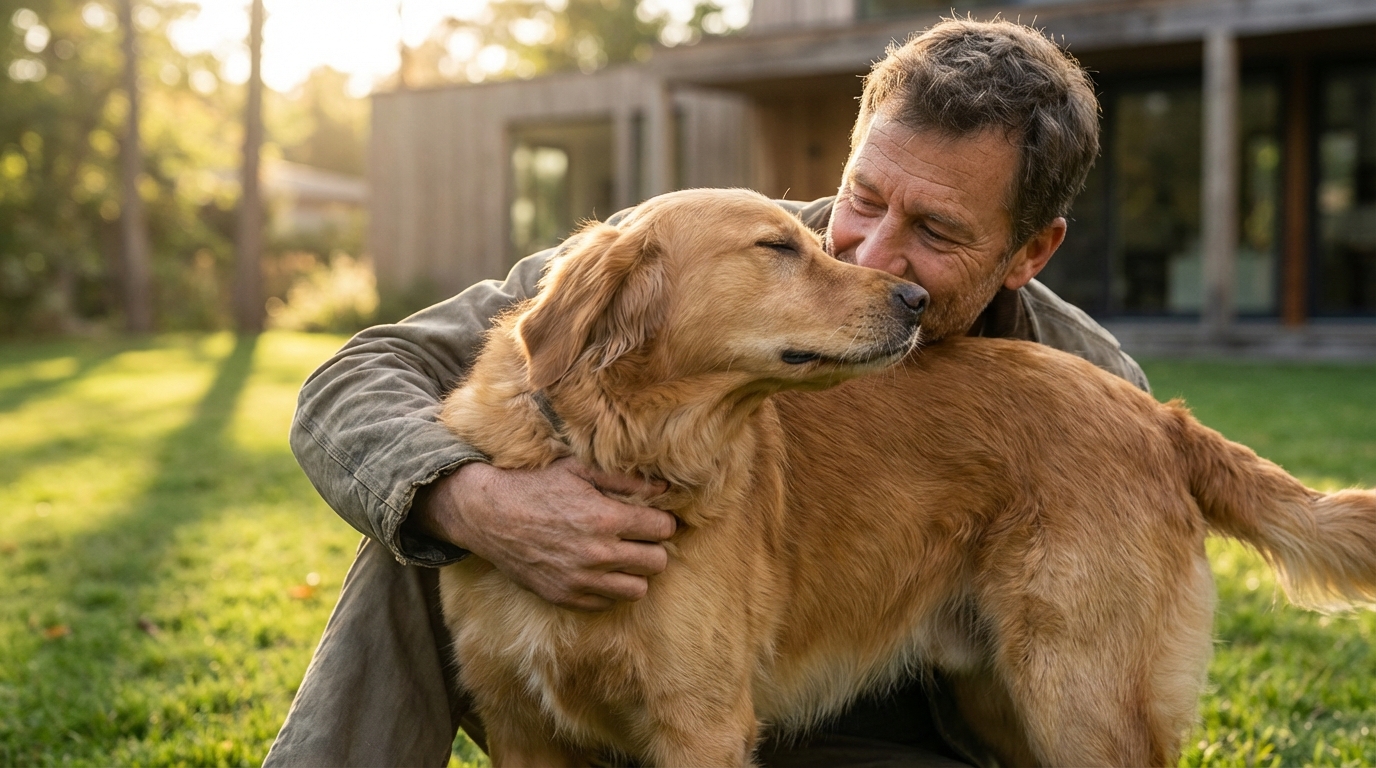 Un homme embrasse tendrement sa chienne, assise à ses côtés, symbolisant l'espoir et l'amour après un traitement contre le cancer.