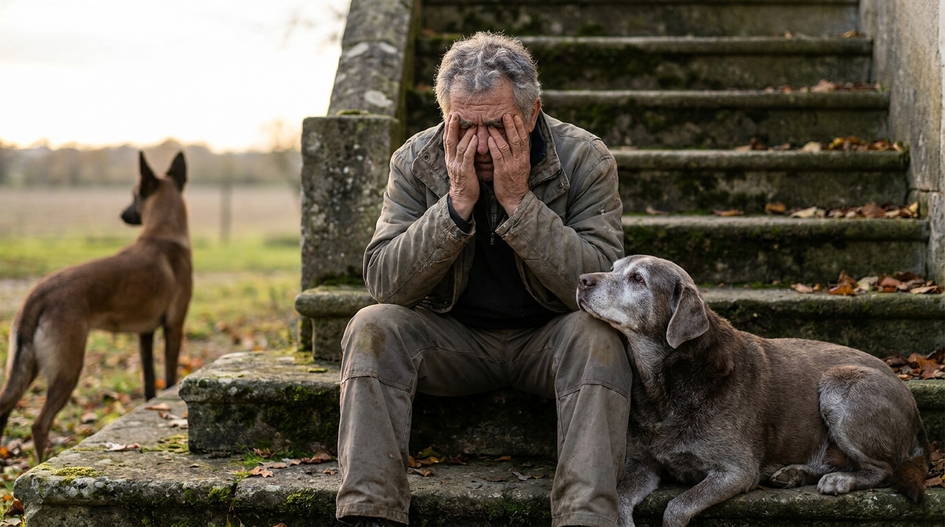 Un homme au regard triste se tient entre un malinois énergique et un chien plus âgé et calme, illustrant un dilemme.