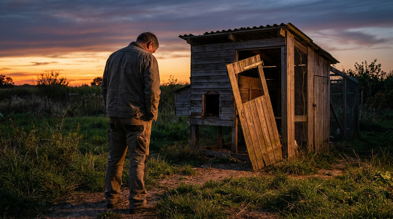 Un homme vu de dos, l'air abattu, regarde son poulailler vide et abîmé au crépuscule, symbolisant la perte et la tristesse.