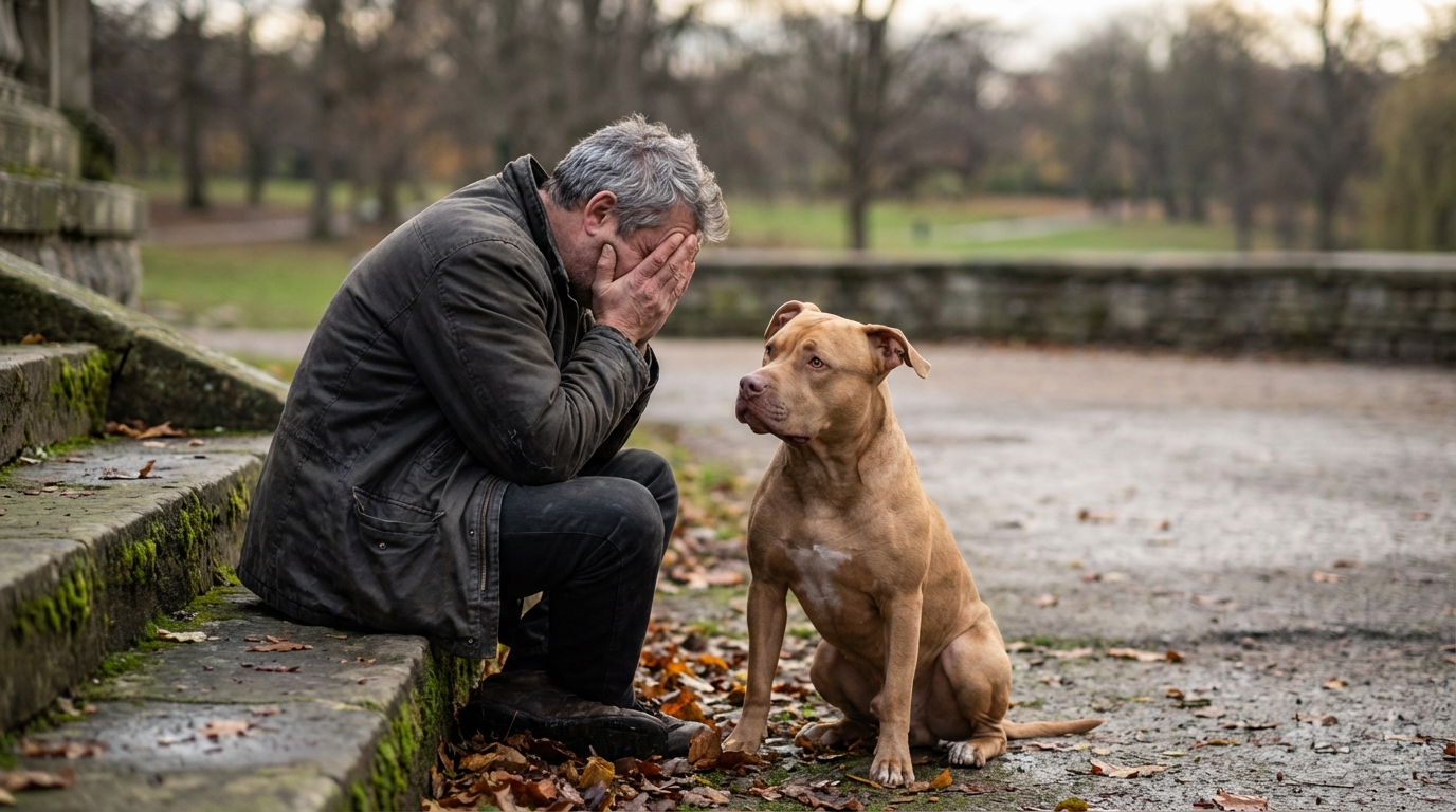 Un homme assis, la tête entre les mains en signe de désespoir, à côté de son chien de type pitbull qui le regarde tristement.