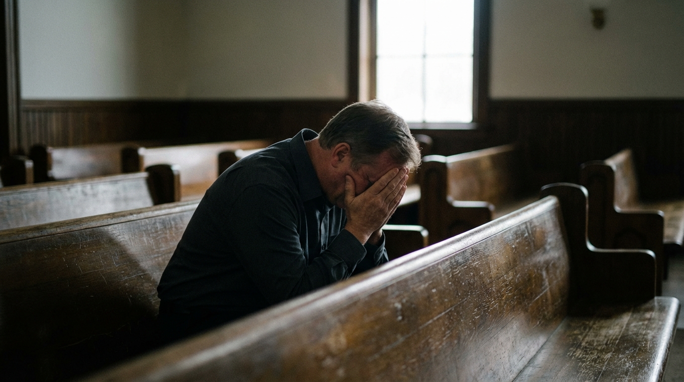 Un homme en pleurs, la tête entre les mains, assis sur le banc d'un tribunal, symbolisant le drame et le poids d'un aveu terrible.