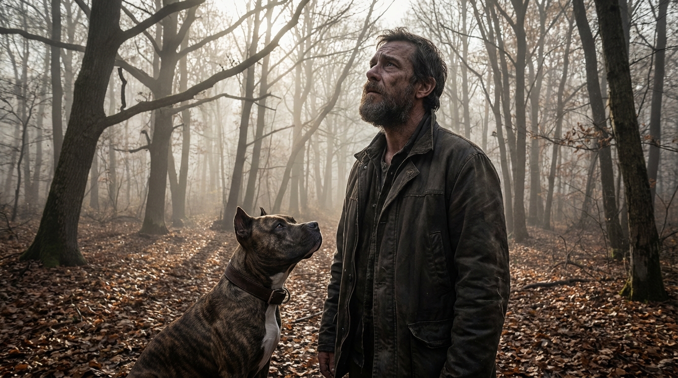 Un homme au visage grave se tient à côté de son chien de type American Staffordshire Terrier dans une forêt sombre et brumeuse.
