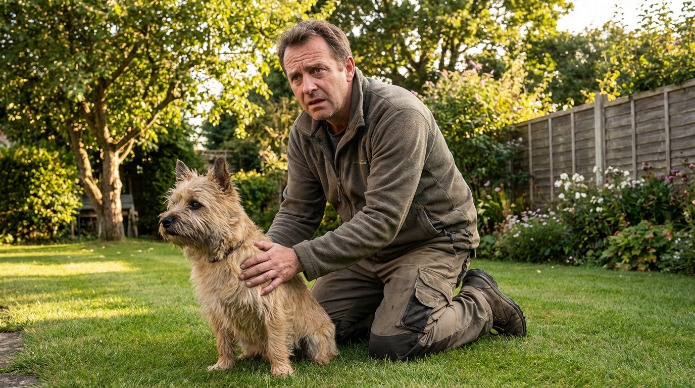 Un homme caresse son chien, un Cairn Terrier, dans leur jardin, le regardant avec une expression inquiète et protectrice.