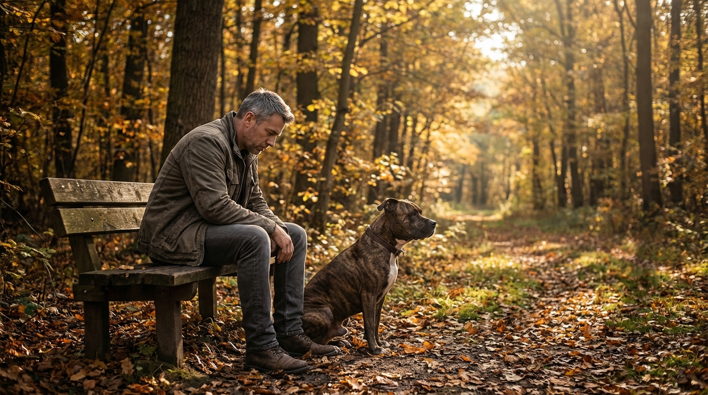 Un homme au visage grave est assis sur un banc, le regard perdu. À ses côtés, son chien puissant de type pitbull le regarde avec confiance.
