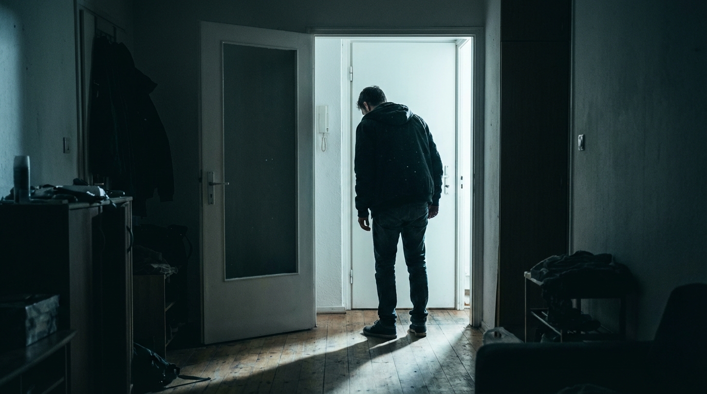 Un homme en silhouette se tient dans l'embrasure d'une porte, la lumière d'un couloir éclairant faiblement son profil, évoquant la solitude et le regret.
