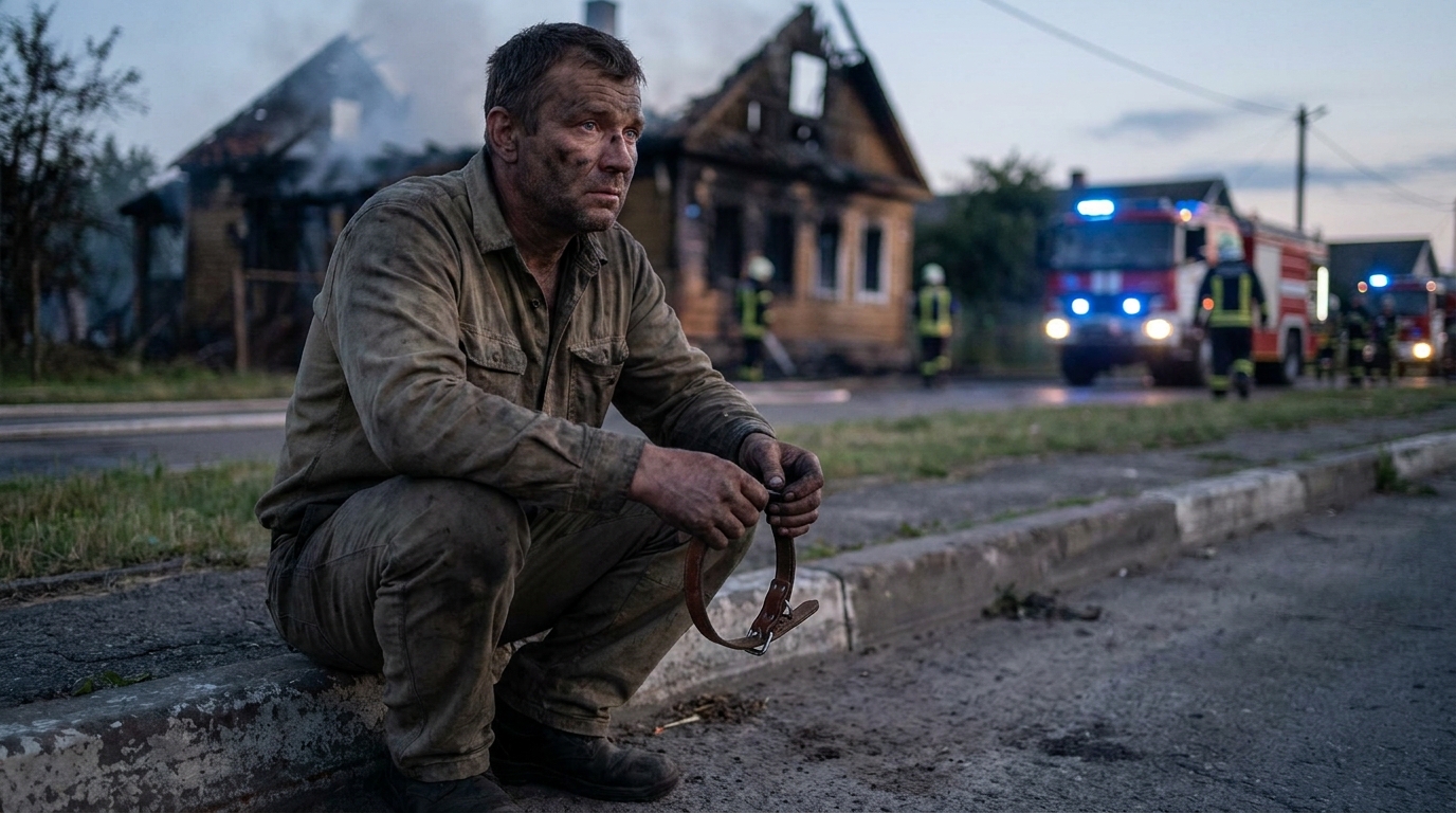 Un homme en détresse, le visage marqué par la suie, est assis sur un trottoir tandis qu'un pompier pose une main réconfortante sur son épaule.