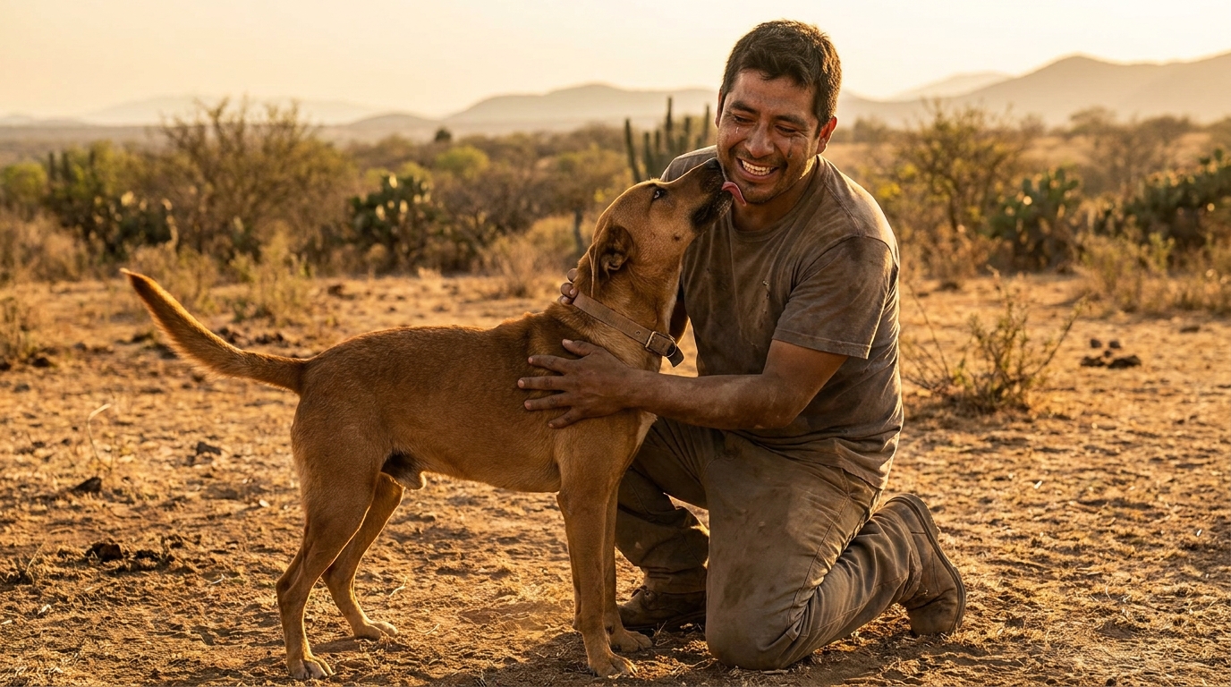 Un homme ému serre tendrement son chien dans ses bras, le visage enfoui dans sa fourrure, symbolisant des retrouvailles heureuses.