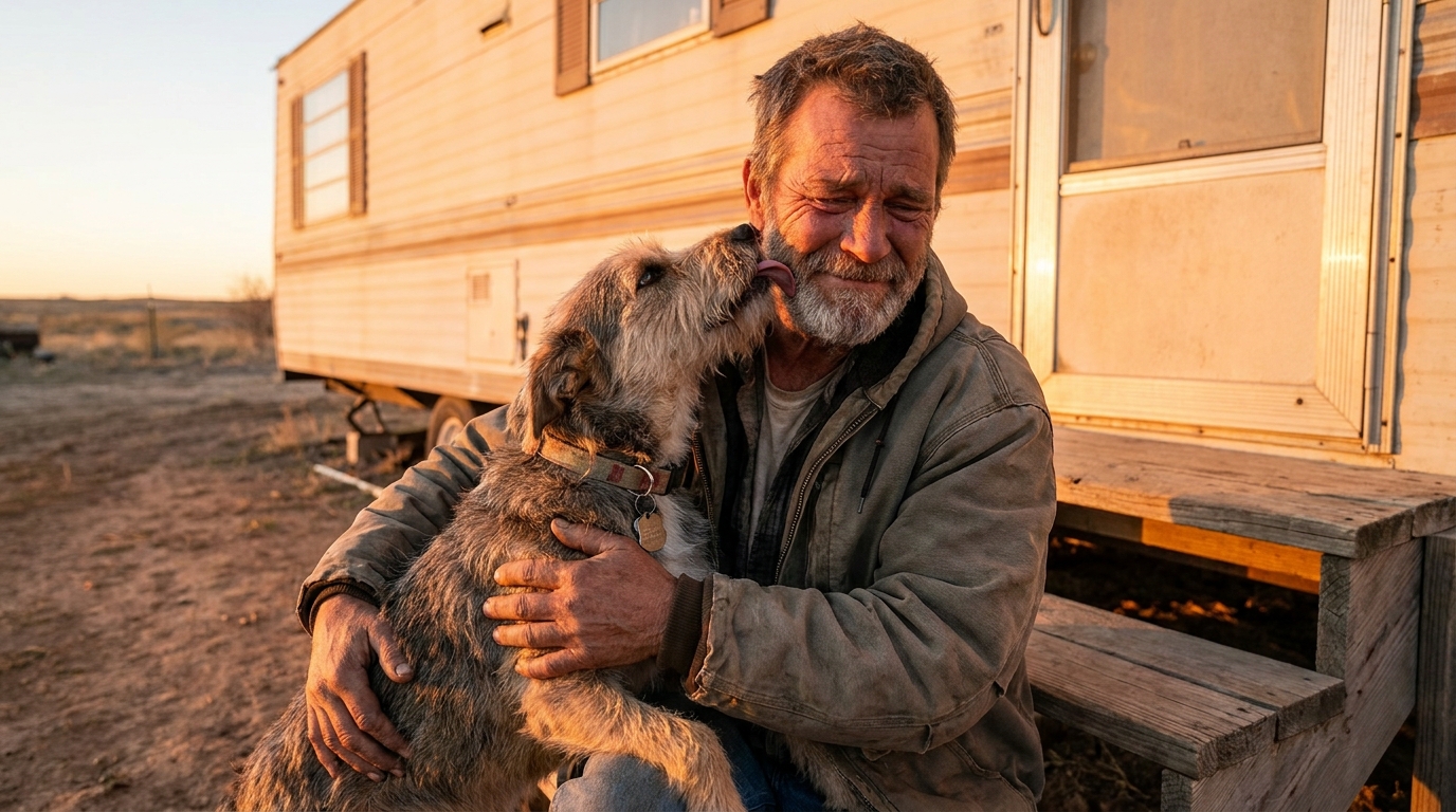 Un homme d'âge mûr, visiblement ému, serre tendrement son chien de race mixte dans ses bras devant un mobile-home.
