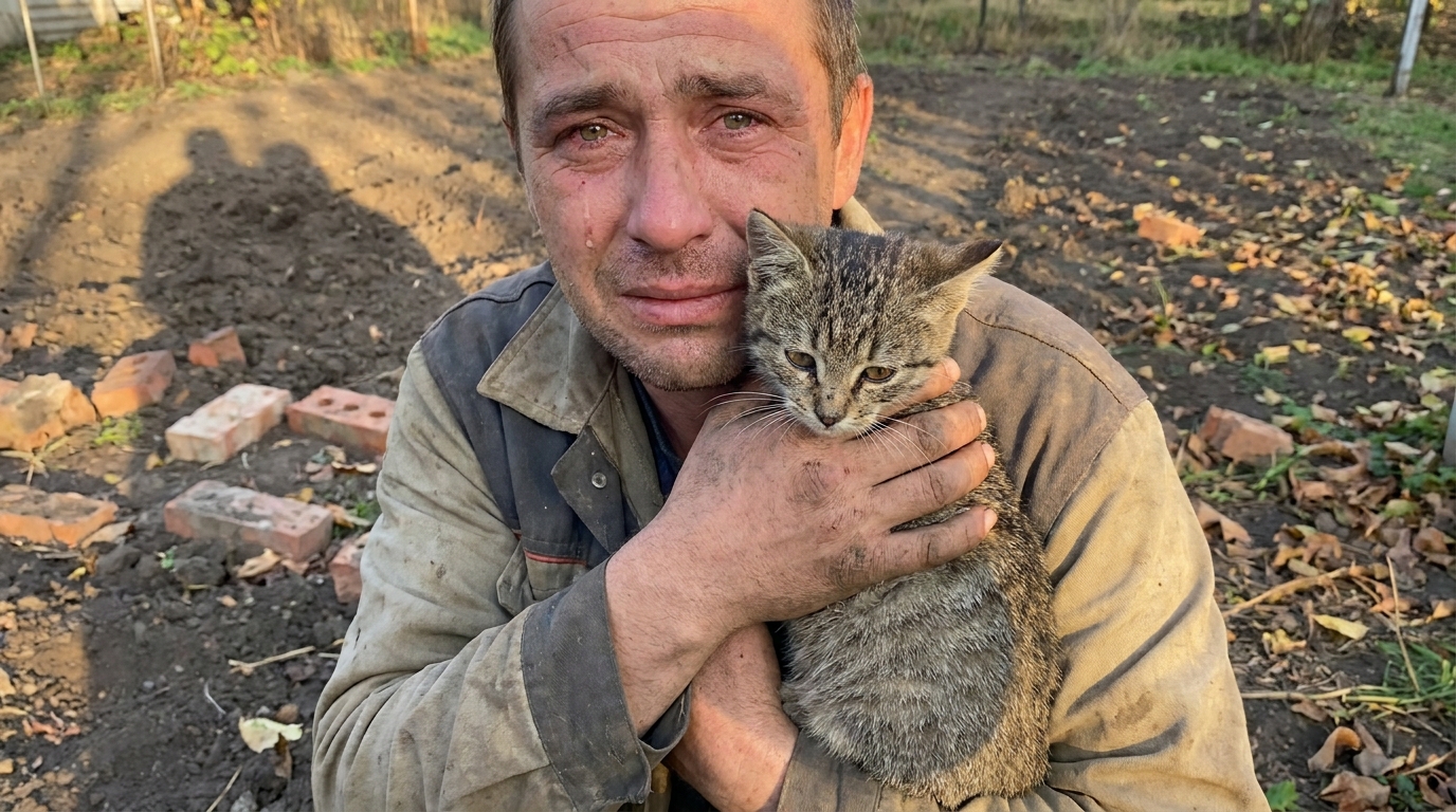 Un homme au regard bouleversé tient délicatement dans ses bras son chat tout juste sauvé, le pelage encore souillé de terre.