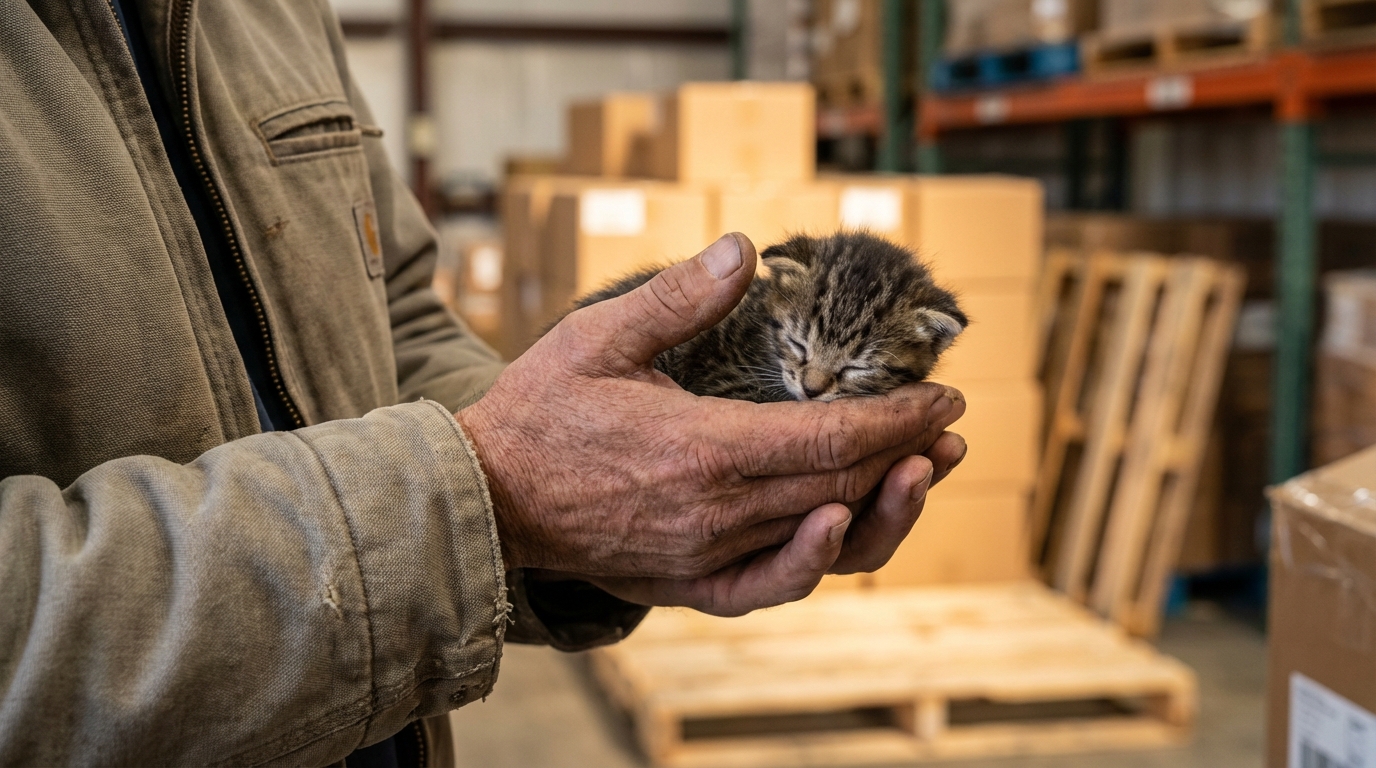 Un homme attentionné tenant délicatement dans ses mains un minuscule chaton tigré sauvé d'un carton dans un centre de tri.