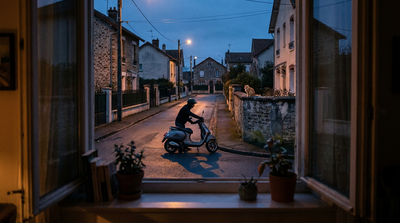 Un homme casqué sur un scooter gris regarde un chat assis sur un muret dans une rue pavillonaire française, créant une atmosphère de méfiance.