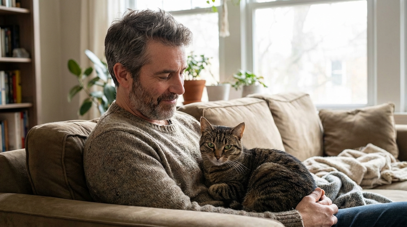 Un homme regarde avec tendresse son chat tigré blotti contre lui sur un canapé, symbolisant la fin heureuse de leur histoire angoissante.
