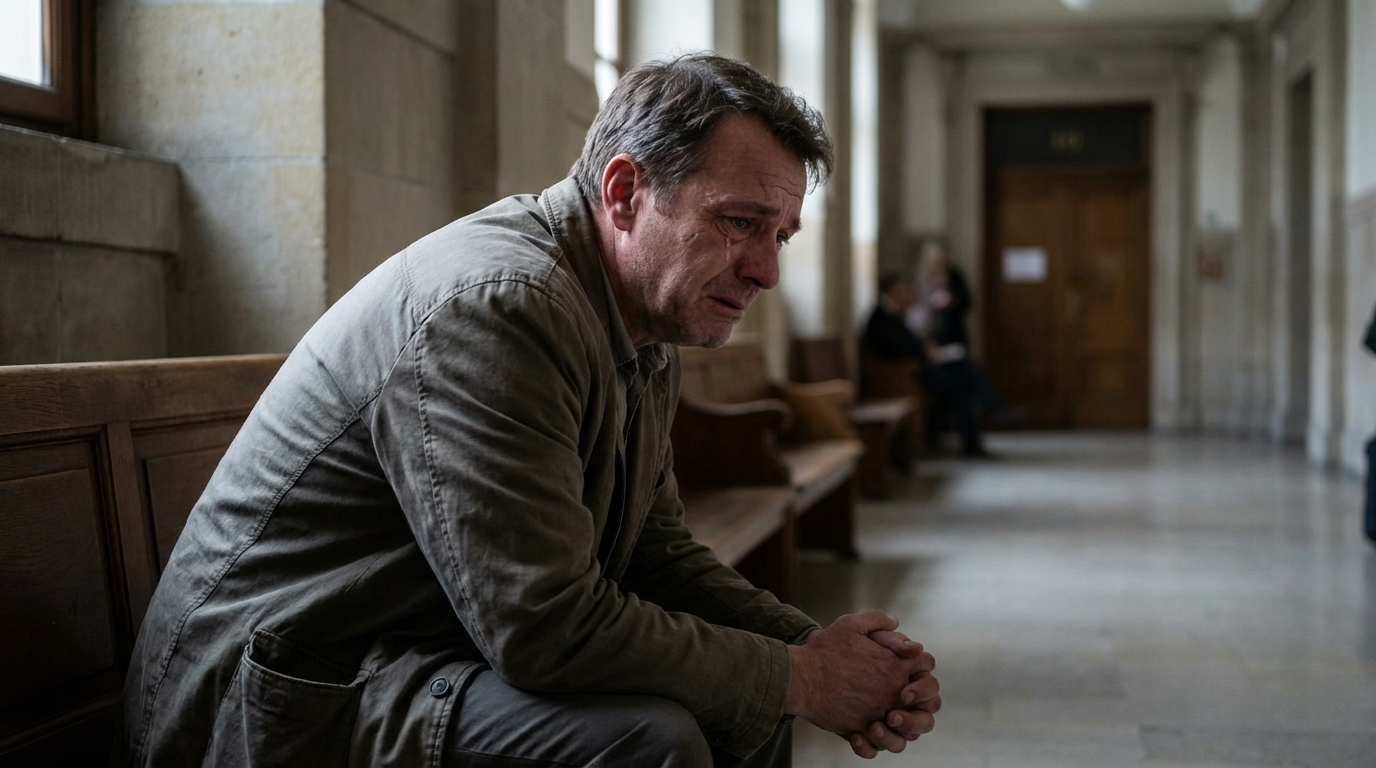 Un homme au regard sombre et pensif est assis sur un banc, la tête entre les mains, visiblement accablé par le chagrin et la culpabilité.