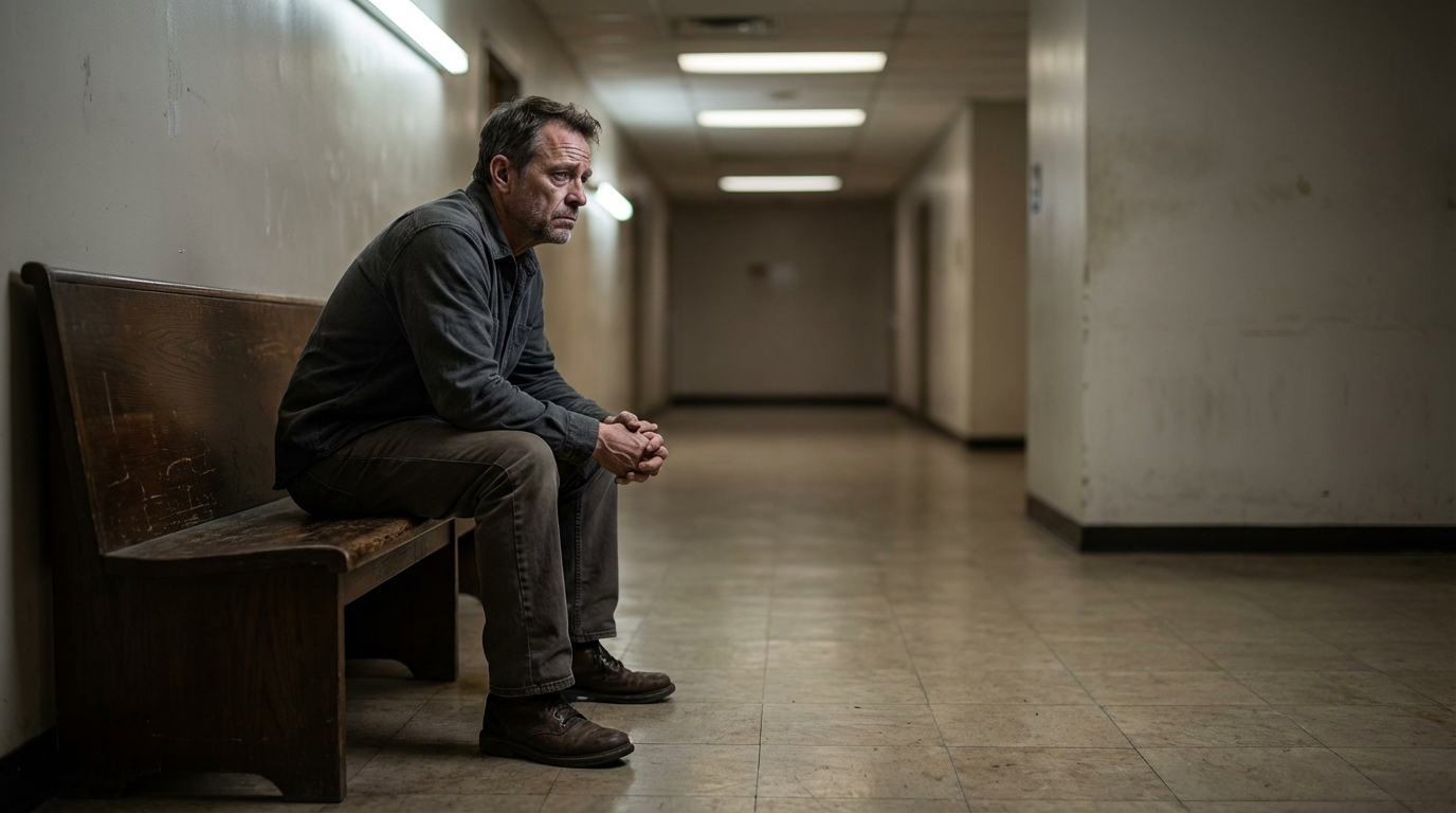 Un homme au regard sombre et pensif, assis seul sur un banc dans un couloir de tribunal, symbolisant le drame de l'affaire Curtis.