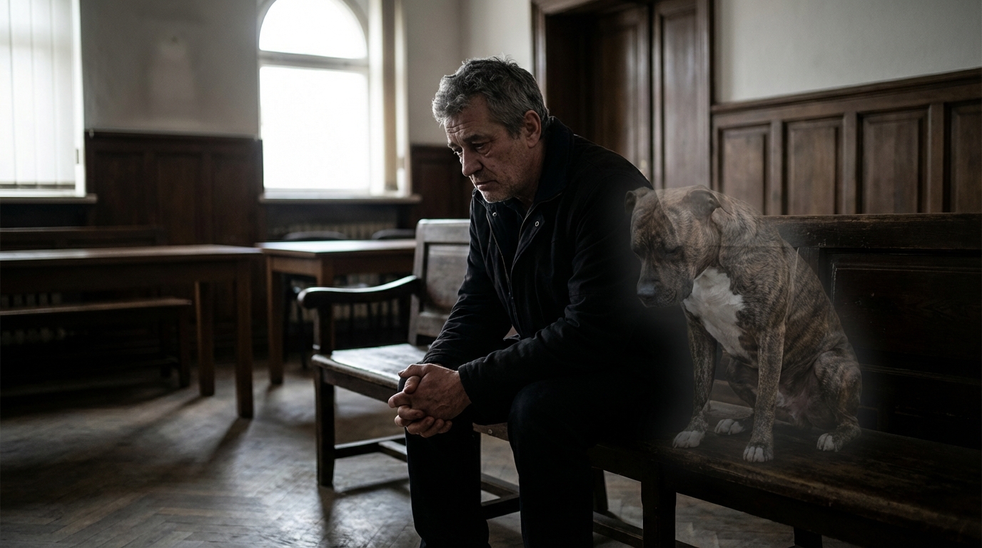 Un homme au visage grave assis sur un banc de tribunal, avec la silhouette d'un chien de type pitbull superposée, symbolisant un lourd secret.