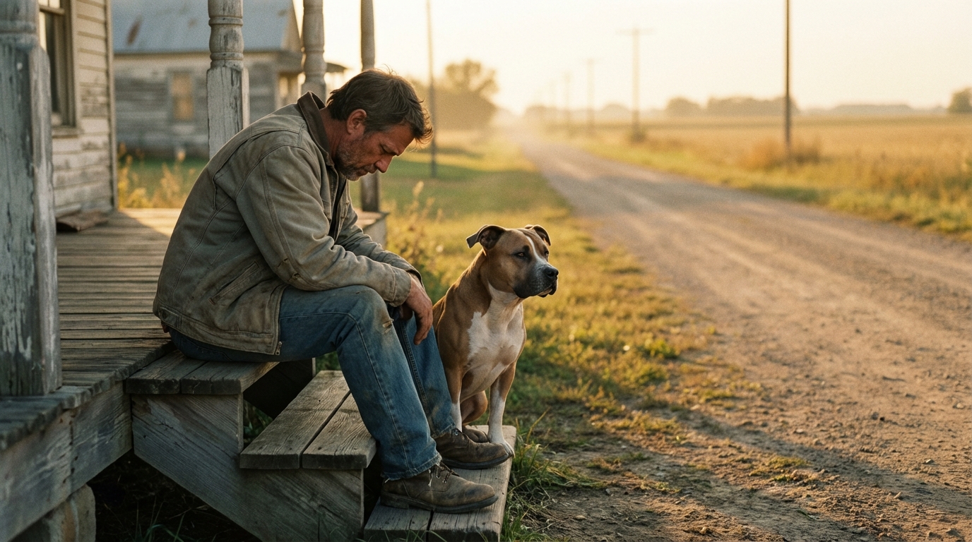 Un homme accablé est assis sur des marches, son chien de type pitbull à ses côtés, symbolisant le drame et la relation brisée.