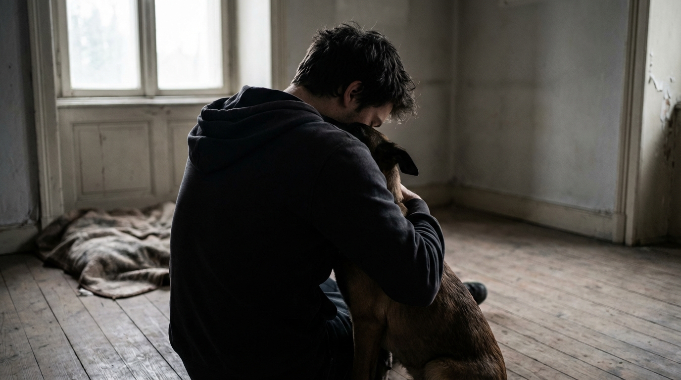 Un jeune homme console son chien malinois dans une étreinte émouvante, illustrant la perte tragique de l'animal.
