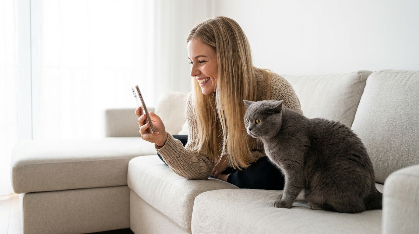 Un chat perplexe assis sur un canapé à côté d'une jeune femme qui le filme avec son smartphone, symbolisant l'exploitation animale.