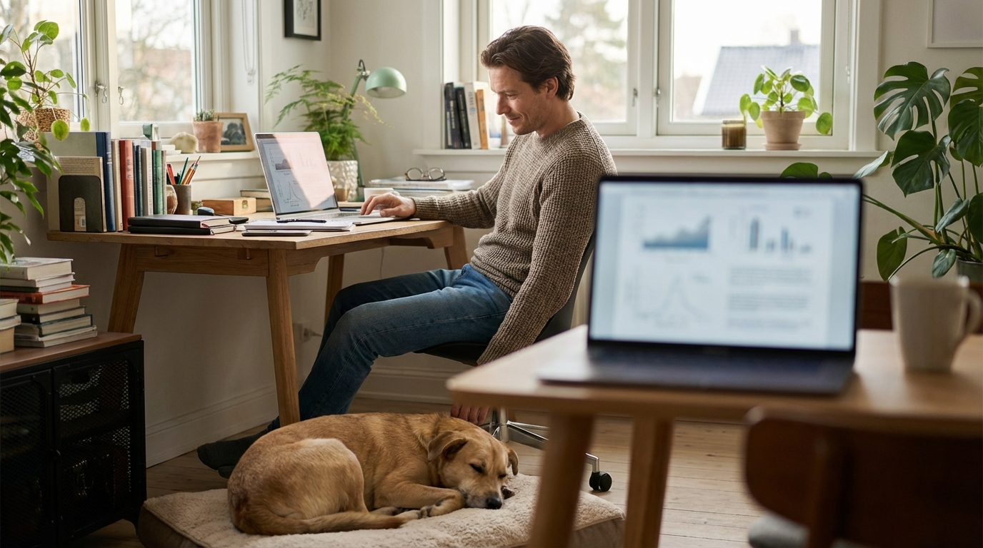 Un homme regarde avec tendresse sa chienne couchée près de son bureau, symbolisant l'espoir et l'innovation pour la soigner.