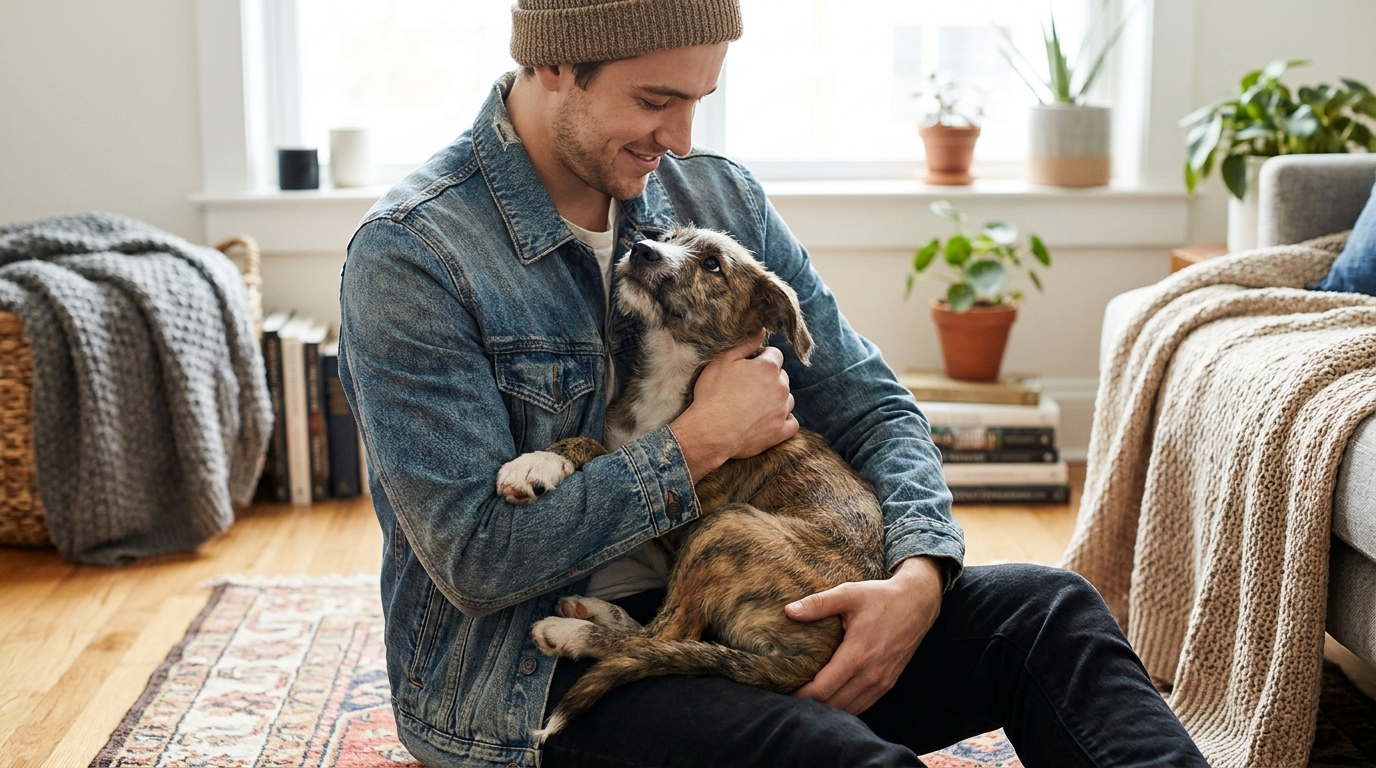 Un jeune homme au grand cœur caresse tendrement un chien visiblement reconnaissant après un sauvetage nocturne.