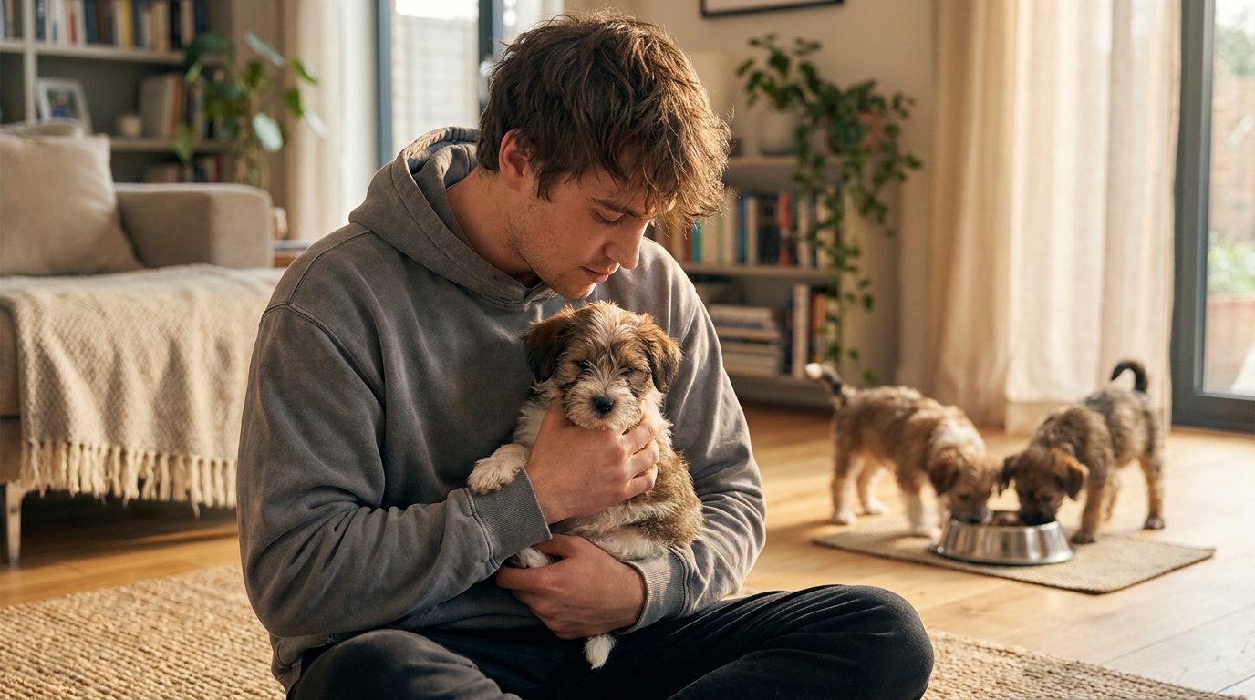 Le jeune YouTubeur Inoxtag tenant tendrement dans ses bras un des chiots abandonnés qu'il a recueillis, le regardant avec compassion.