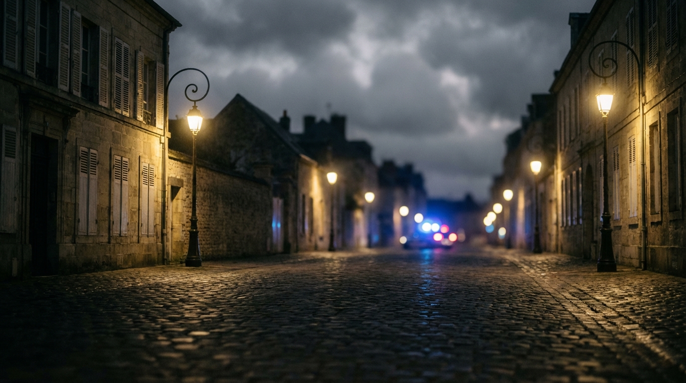 Une rue de Nantes la nuit, avec les gyrophares d'une voiture de police au loin, illustrant une intervention après un incident impliquant un chien.