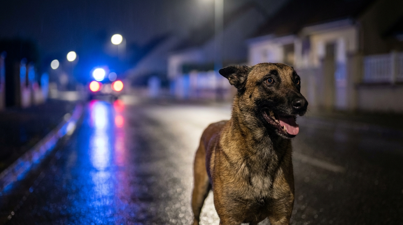 Un chien de type malinois, l'air alerte et tendu, dans un environnement urbain la nuit, avec des gyrophares flous en arrière-plan.