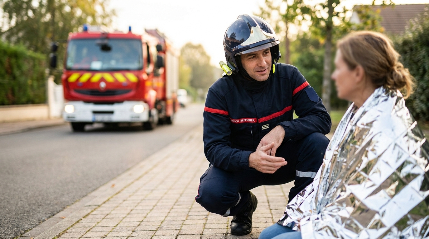Un pompier français en uniforme réconforte une silhouette floutée assise sur le trottoir après une agression canine dans une rue calme.