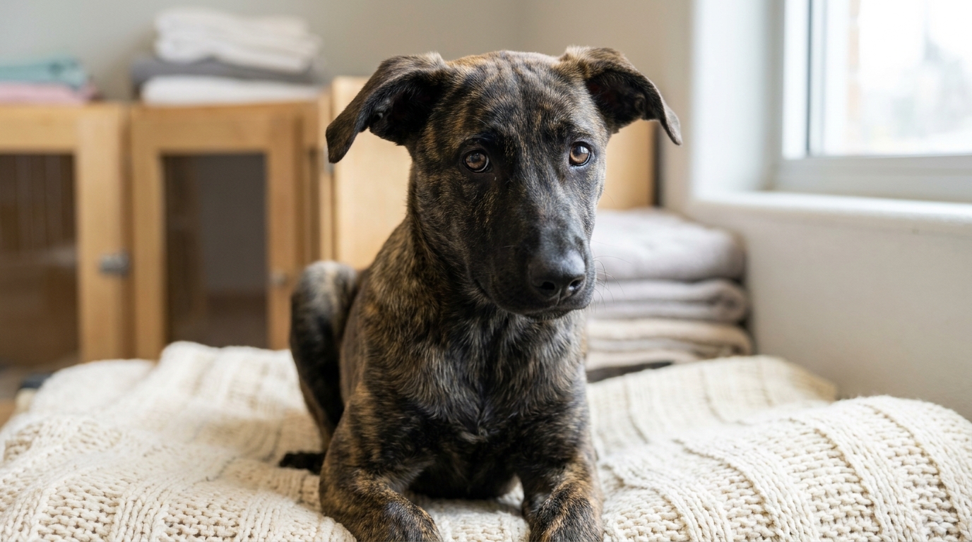 Un jeune berger hollandais au regard doux mais triste, assis dans un refuge, montrant sa maigreur après son sauvetage.