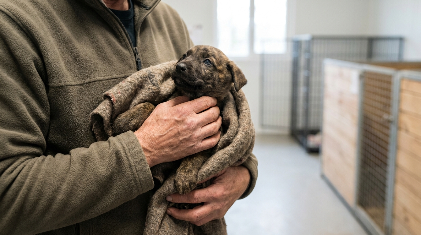 Un jeune berger hollandais au regard triste mais plein d'espoir, assis dans un refuge après son sauvetage.