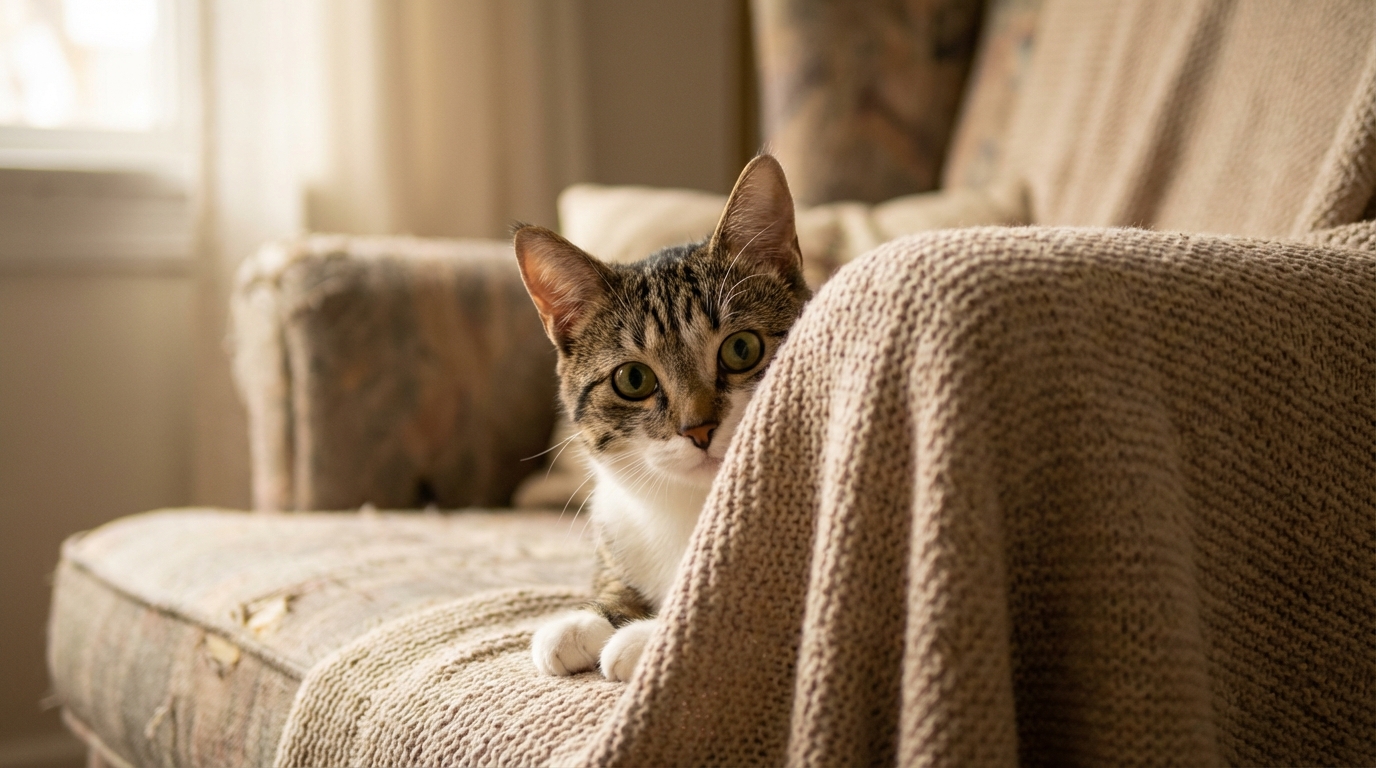 Acha, une jeune chatte tigrée et blanche au regard timide, observe attentivement depuis un endroit sûr, espérant trouver une famille patiente.