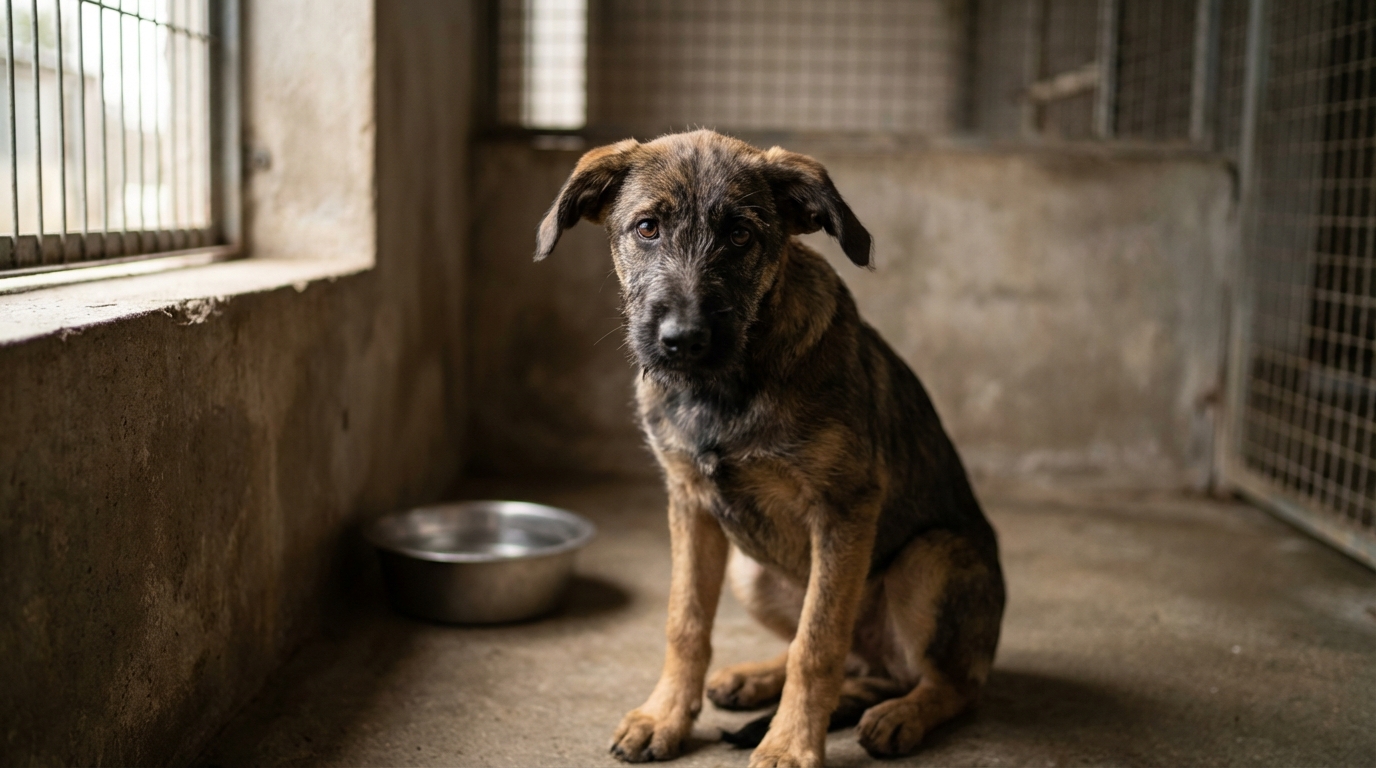 Un jeune chien croisé Malinois et Berger Allemand, Aslan, est assis dans un box sombre, son regard exprime la tristesse et l'incompréhension.