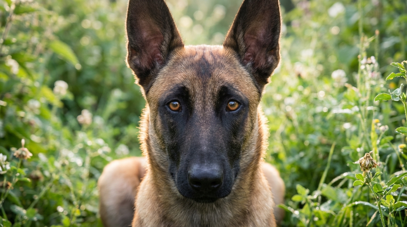 Un magnifique jeune chien de race Malinois assis dans un jardin, regardant la caméra avec une expression douce et légèrement mélancolique.