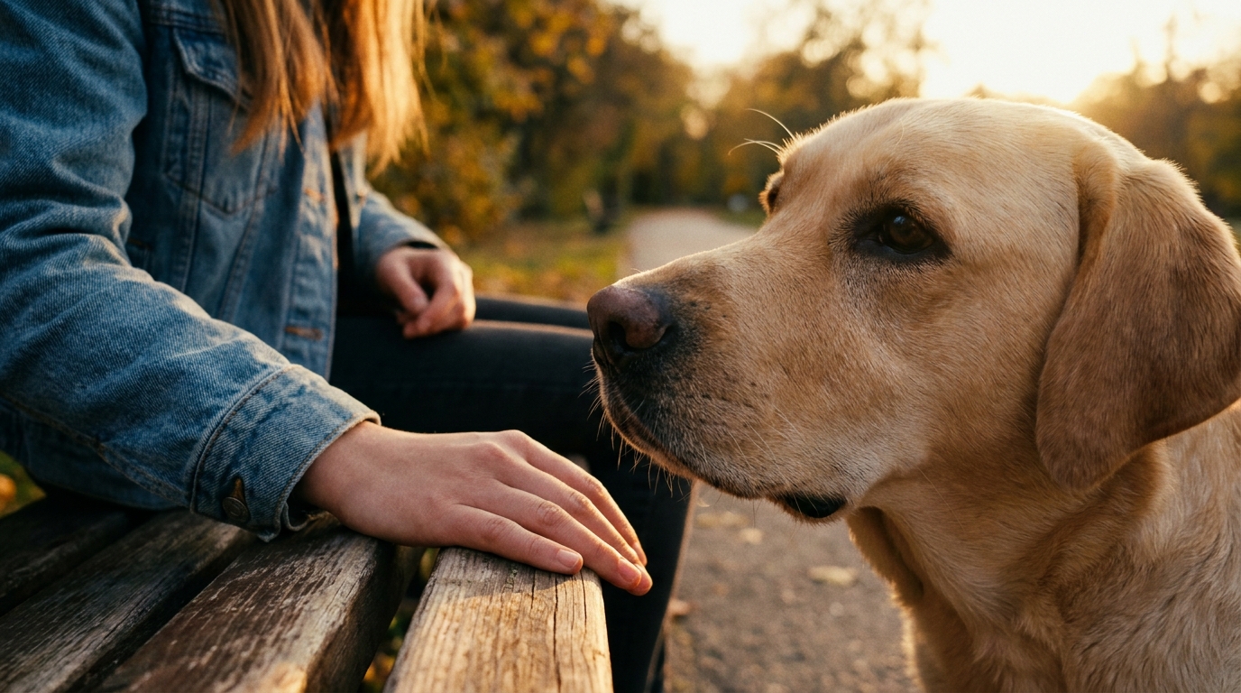 Une jeune femme sourit à son chien d'assistance, un labrador couleur sable, assis sagement à ses côtés dans un cadre champêtre.