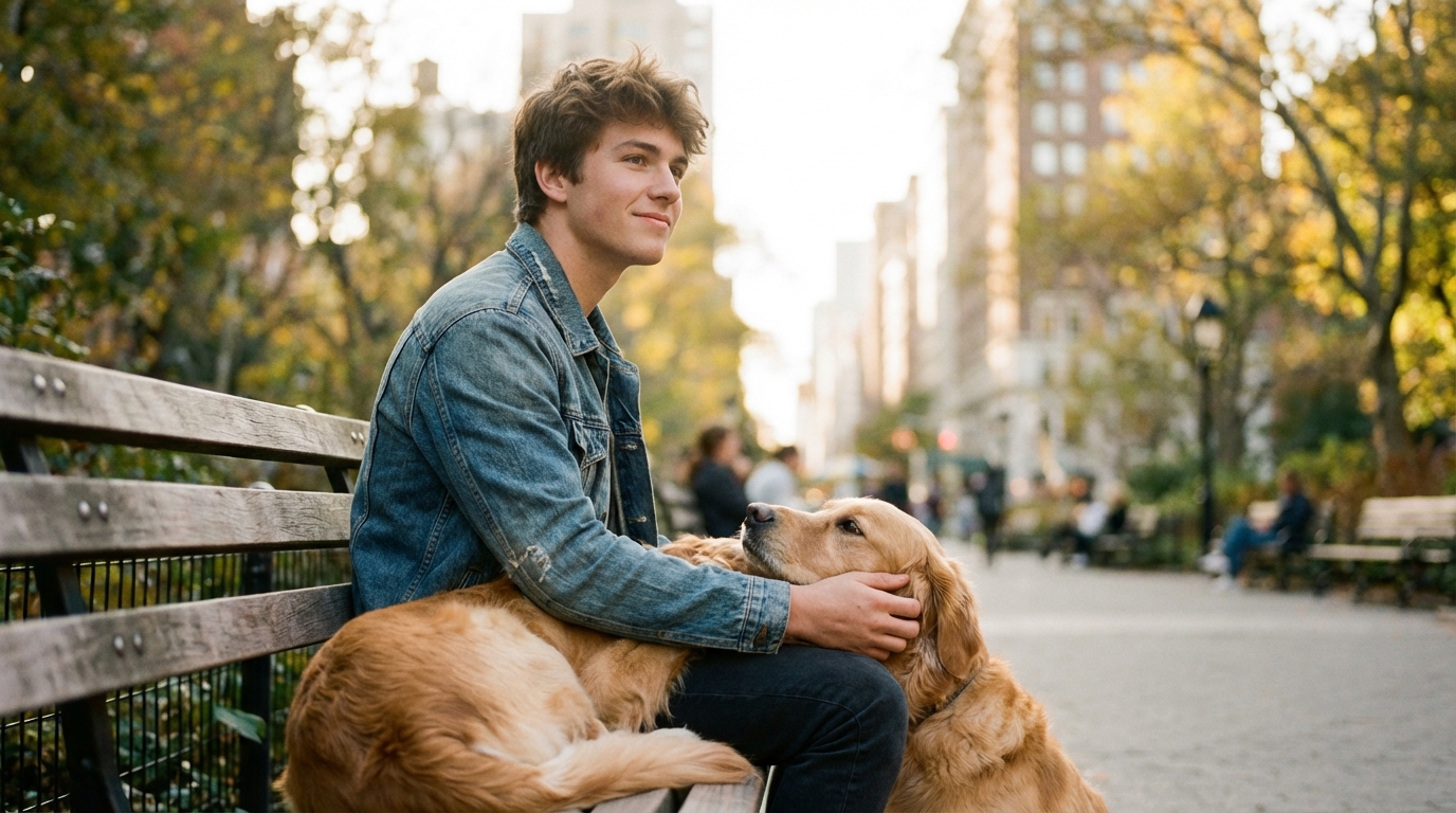 Un jeune homme assis sur un banc, réconforté par sa chienne d'assistance qui pose sa tête sur ses genoux.