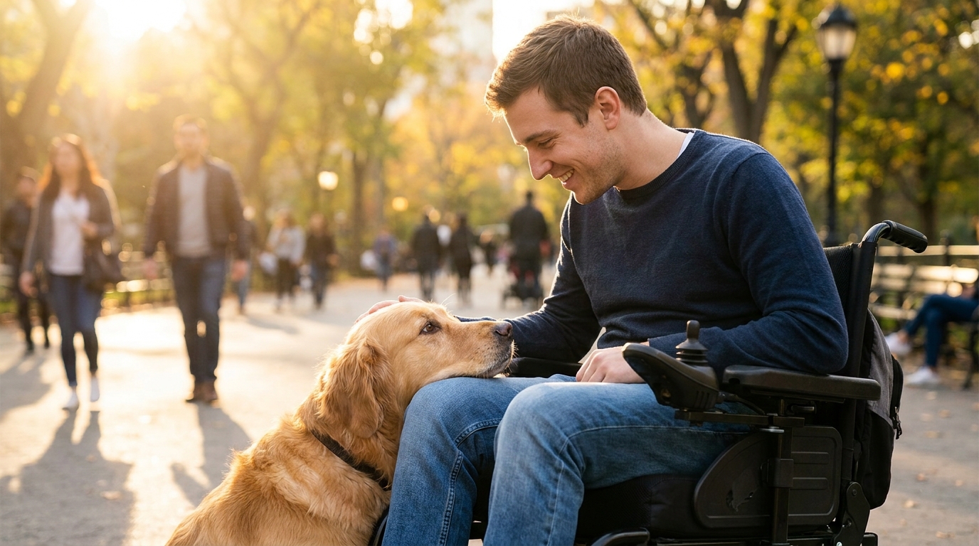 Un jeune homme en situation de handicap partage un moment de complicité avec son chien d'assistance, un golden retriever.