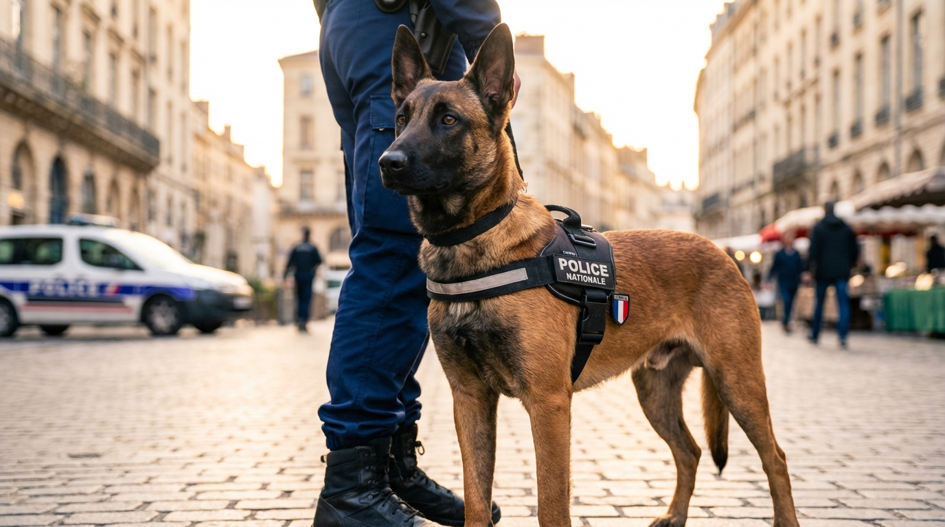 Un jeune chien de race Malinois, concentré et fier, portant un harnais de la Police Nationale lors d'une mission.