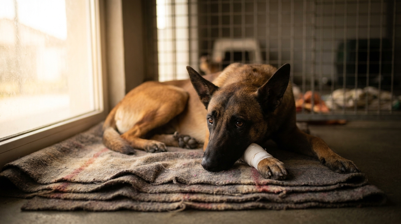 Un jeune chien de race Malinois au regard triste et implorant, symbolisant la souffrance des animaux victimes de maltraitance.
