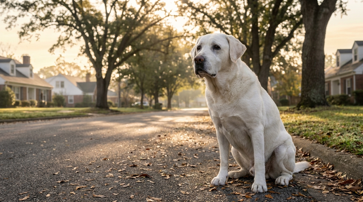 Un labrador blanc âgé à l'air mélancolique assis sur le bord d'une route au lever du soleil, symbolisant un accident tragique.