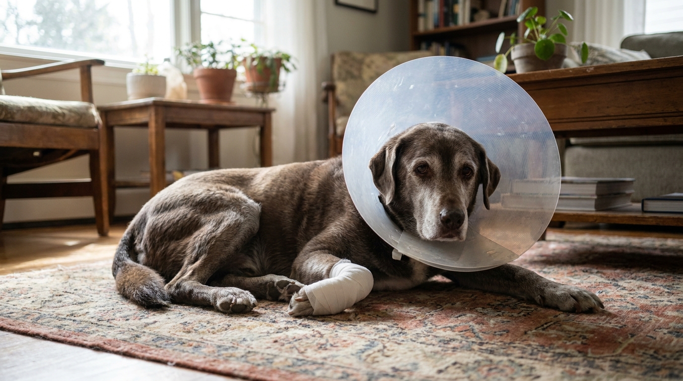 Un labrador croisé border collie âgé avec une collerette se repose tristement sur un tapis, une patte bandée visible.