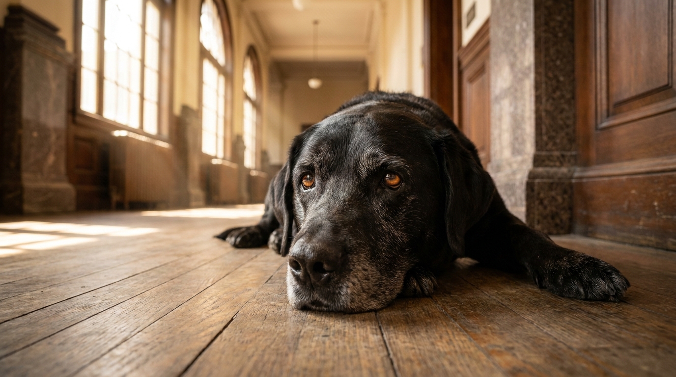 Un labrador noir d'assistance, à l'air sage et bienveillant, se reposant dans un couloir de tribunal, symbolisant sa retraite.