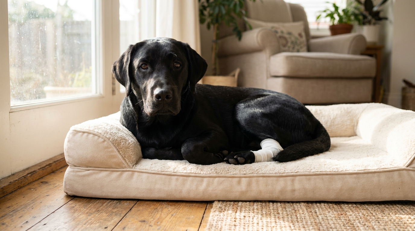 Un jeune Labrador Retriever noir couché confortablement sur une couverture, avec un bandage visible sur une de ses pattes arrière.