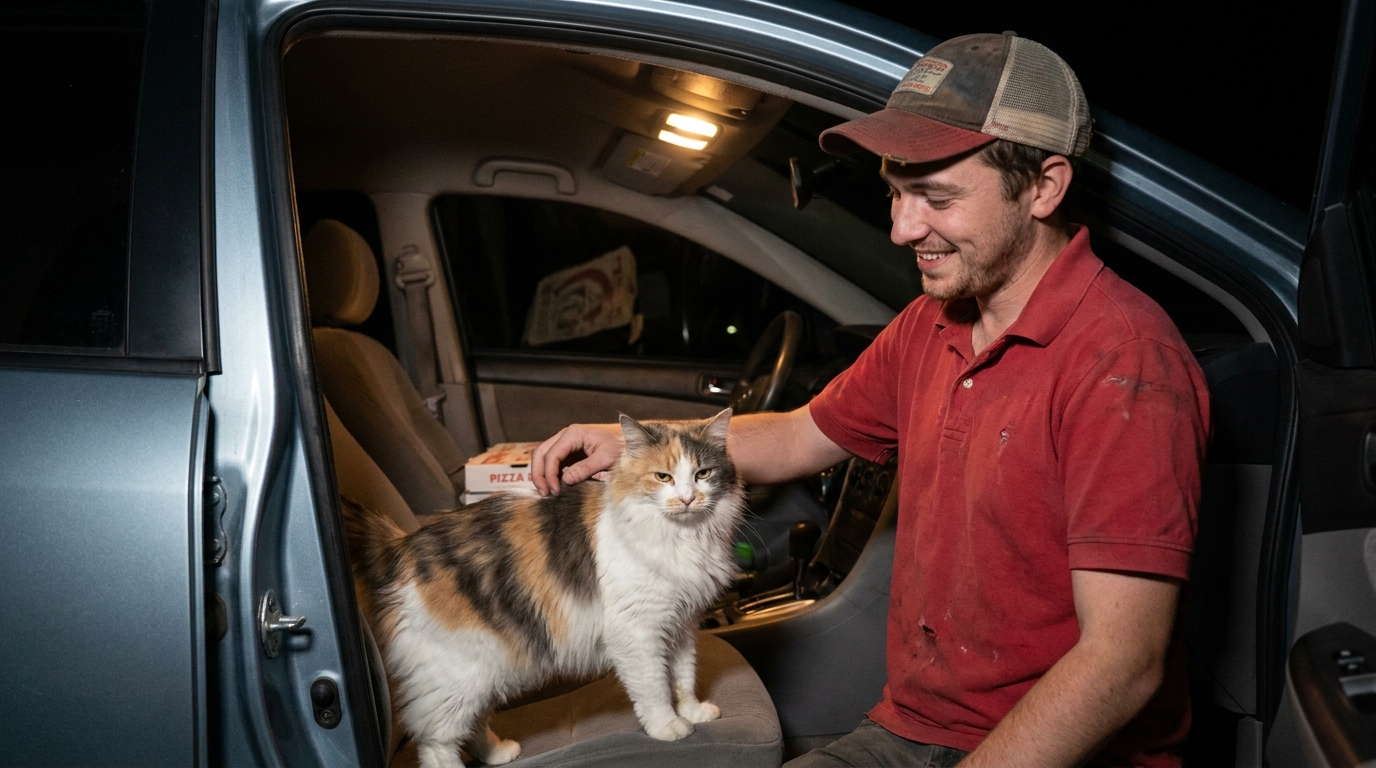 Un homme en tenue décontractée sourit en tenant délicatement un chat tricolore à poils longs près de sa voiture de livraison.