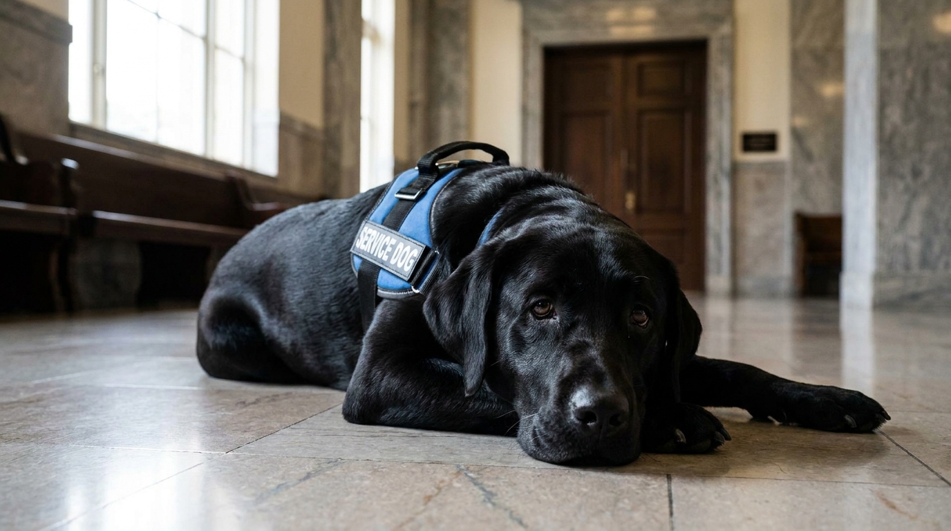 Un labrador noir au regard doux, portant un harnais de chien d'assistance, couché sagement dans un couloir de tribunal.