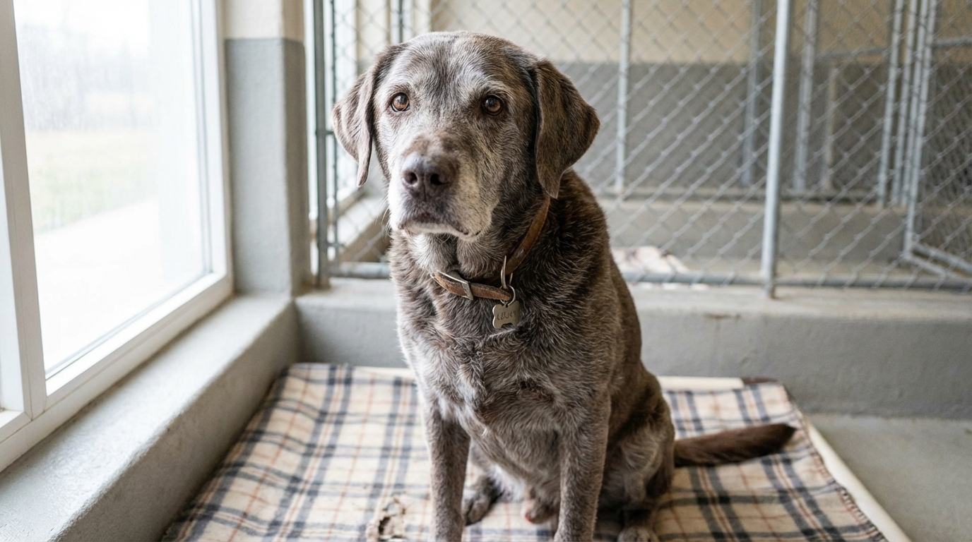 Louky, un chien senior au regard doux, est assis dans un parc du refuge, espérant trouver une nouvelle famille.