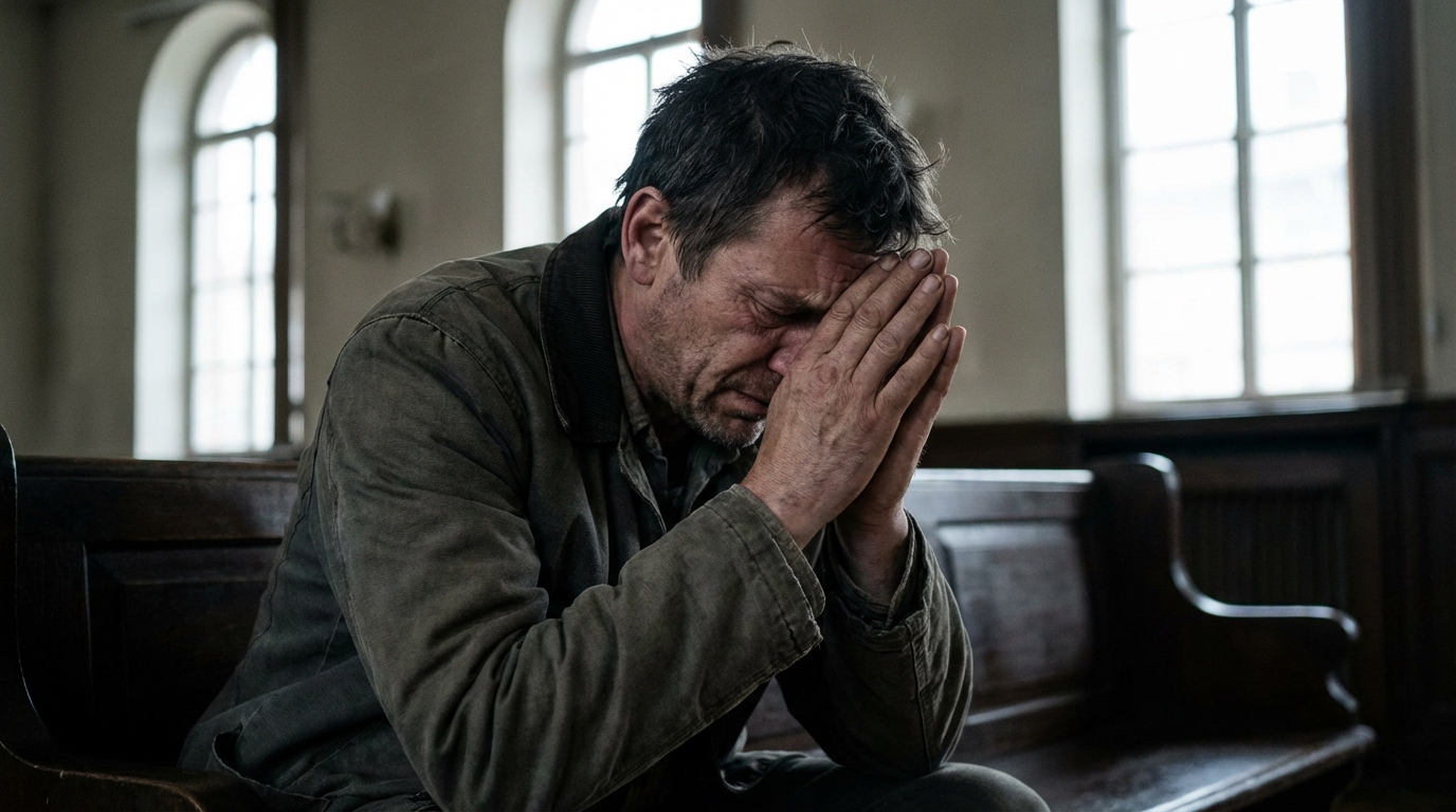 Un homme, le visage grave, assis sur un banc dans une salle de tribunal, exprimant la douleur et le poids d'une terrible confession.