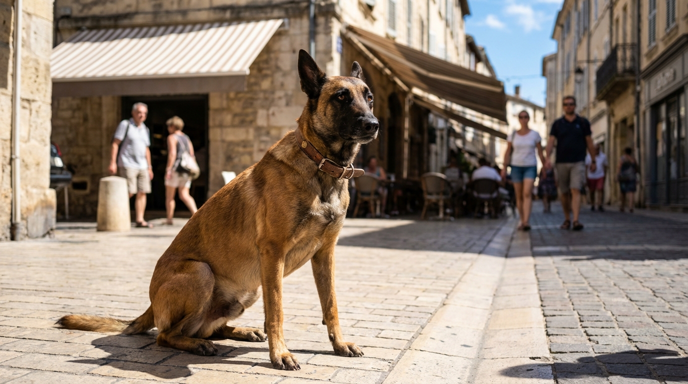 Un chien de race Berger Belge Malinois, au regard vif et intelligent, assis dans un parc en ville, illustrant la tension de l'article.
