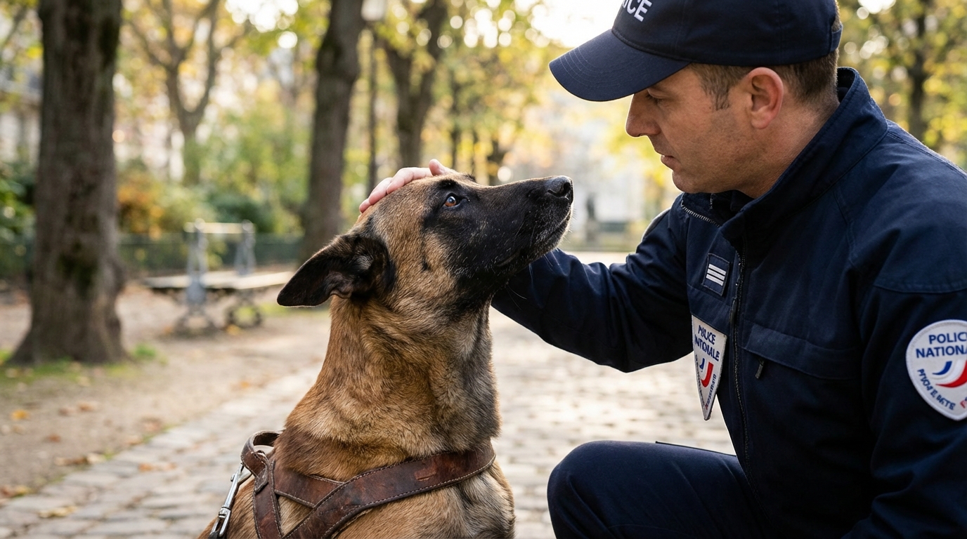 Un berger belge malinois au regard attentif se tient fièrement aux côtés de son maître-chien en uniforme de la Police Nationale.